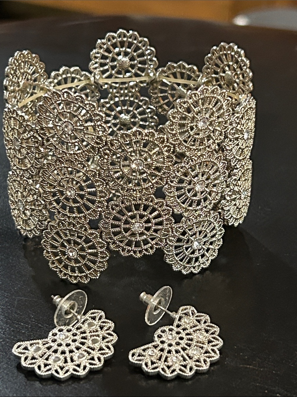 Intricate Silver Filigree Cuff Bracelet and Earrings Set